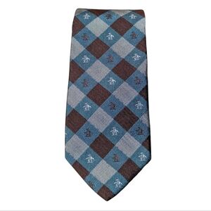 Original Penguin Brown Blue Penguin Silk Narrow Tie Preppy Logo Check